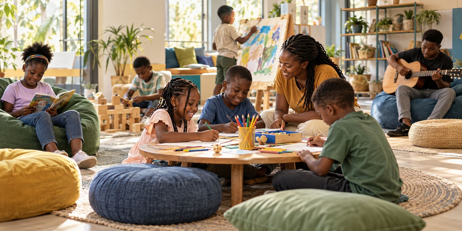 Children and young people in a bright shared space: some drawing at a table with an adult, one painting, one reading on a beanbag and a teenager playing guitar.